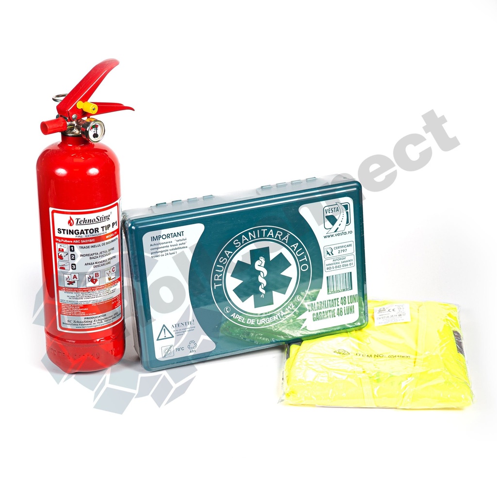 Kit siguranta auto, trusa sanitara, stingator P1, veste reflectorizanta