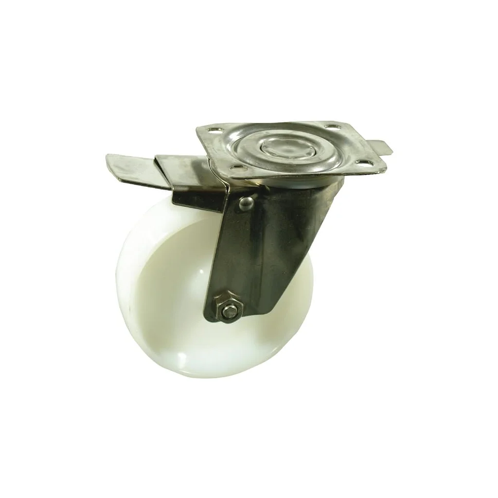 Roată pivotantă cu furcă, roată poliamidă: diametru 80x30mm, cu frână, placă de fixare din oțel inoxidabil: 105x85mm, Sarcină: 1